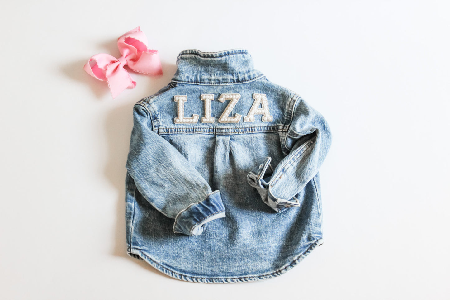 Kids Denim Jacket with Classy Pearl Letter Patches